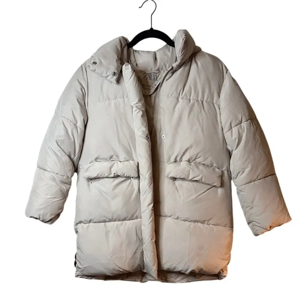 Zara Girls Puffer Jacket with Hoodie Beige Size 11-12